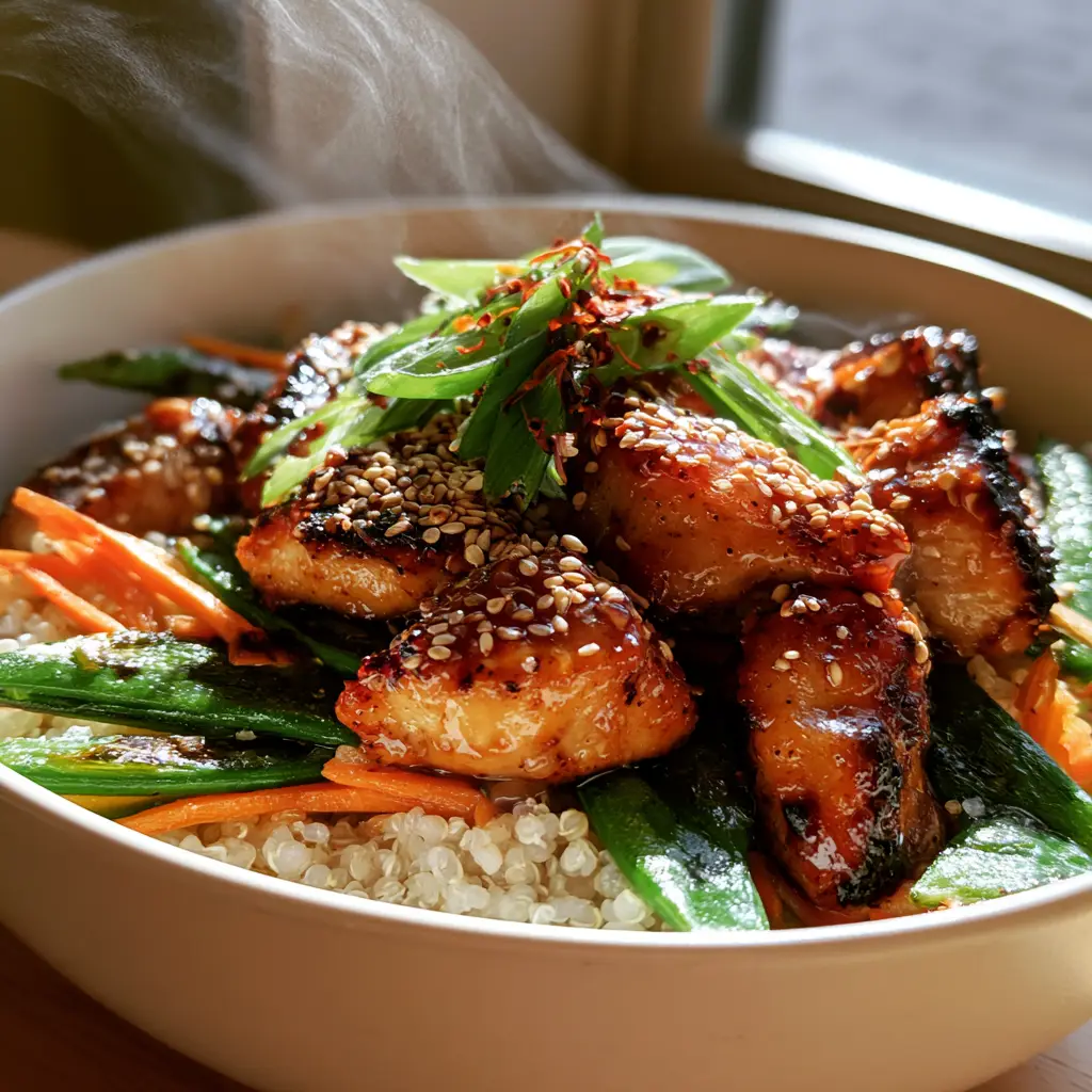 Hot Lunch Recipes: Honey Garlic Chicken Quinoa Bowls with Blistered Snap Peas 1 A steaming hot lunch recipe featuring honey garlic chicken, blistered snap peas, and julienned carrots in a matte cream bowl.