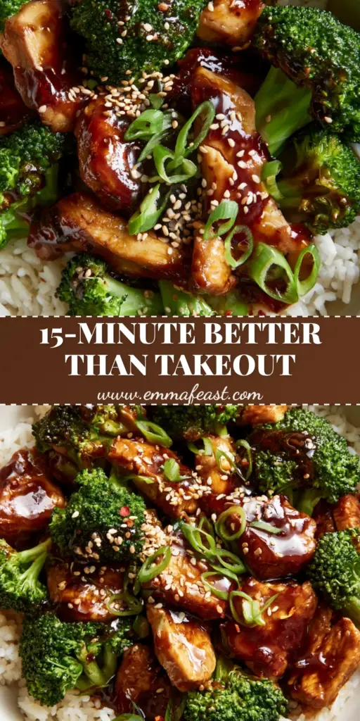 A steaming bowl of chicken and broccoli over jasmine rice with glossy mahogany sauce and sesame seeds. (chicken and broccoli)