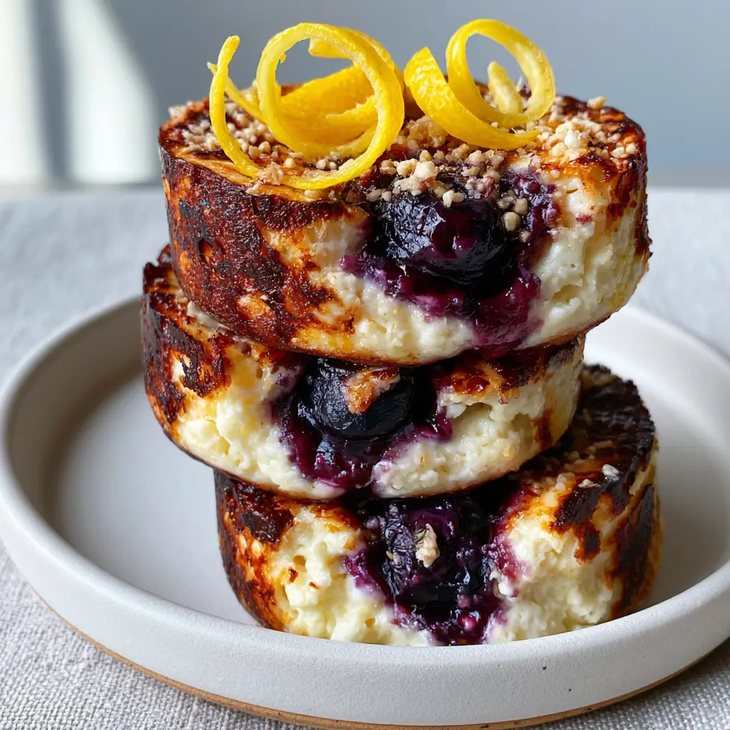 Blueberry and Lemon Zest Cottage Cheese Bites: The Ultimate High-Protein Morning Snack 1 A close up of three cottage cheese bites stacked with lemon zest spirals and coarse protein granules.
