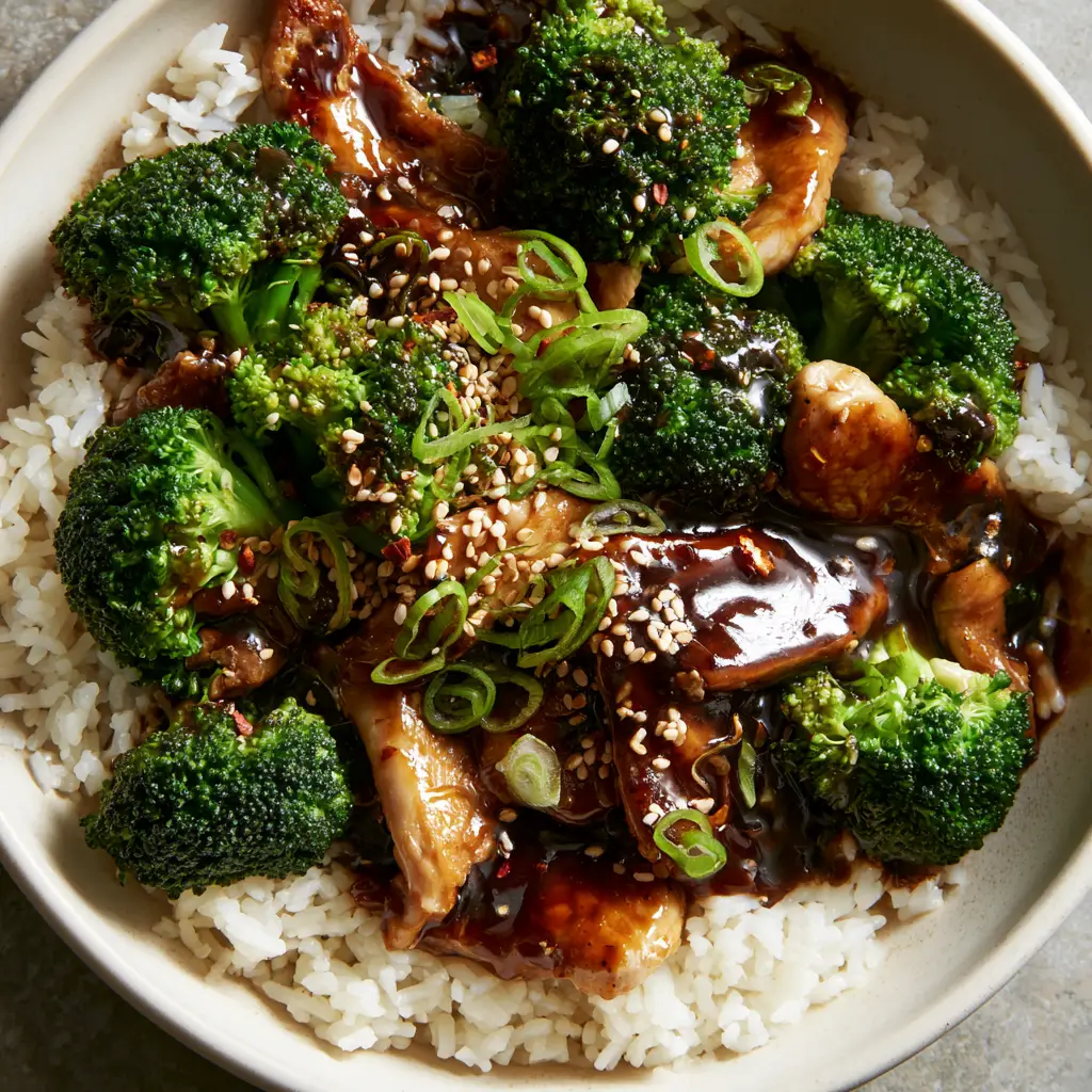 Close up of vibrant green broccoli and velveted chicken slices in a minimalist white bowl.