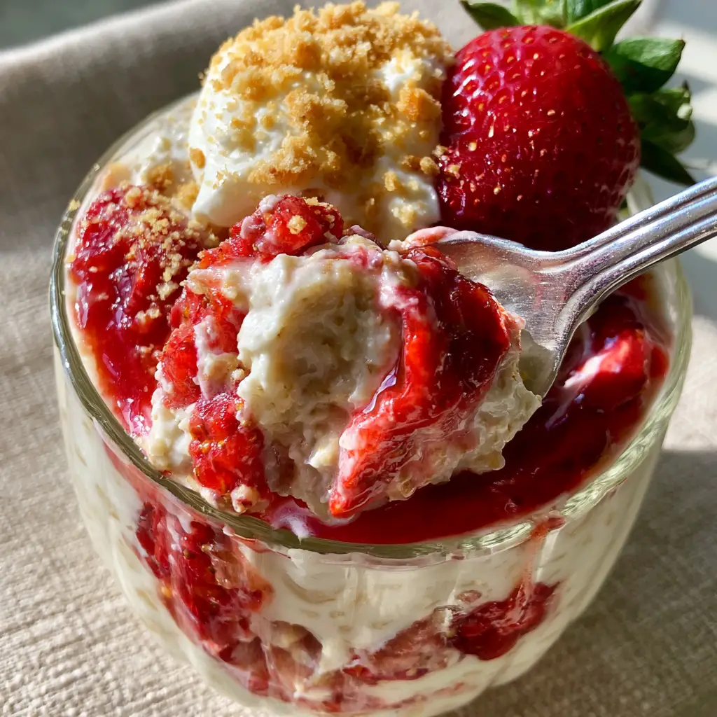 Strawberry Cheesecake Overnight Oats: The Ultimate Decadent Meal Prep Guide 1 Close-up of the graham cracker crust and whipped cream cheese topping on the Strawberry Cheesecake Overnight Oats.
