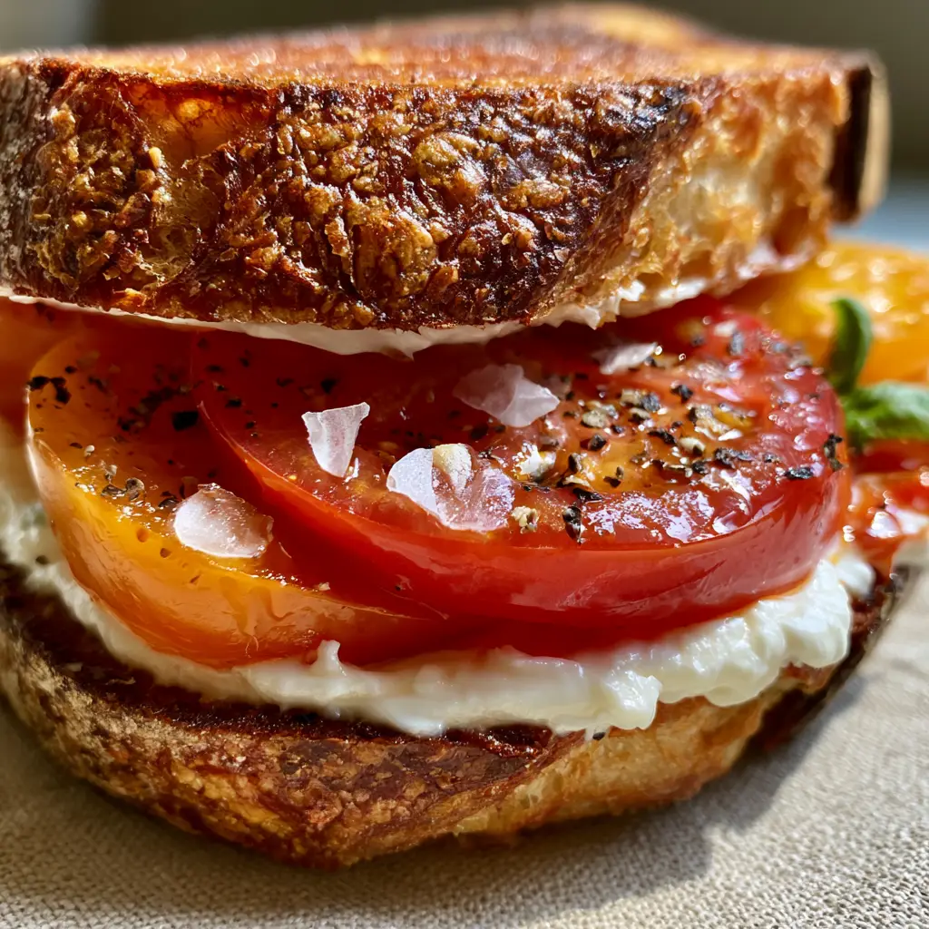 Extreme close-up of thick sliced heirloom tomatoes on a Southern tomato sandwich.
