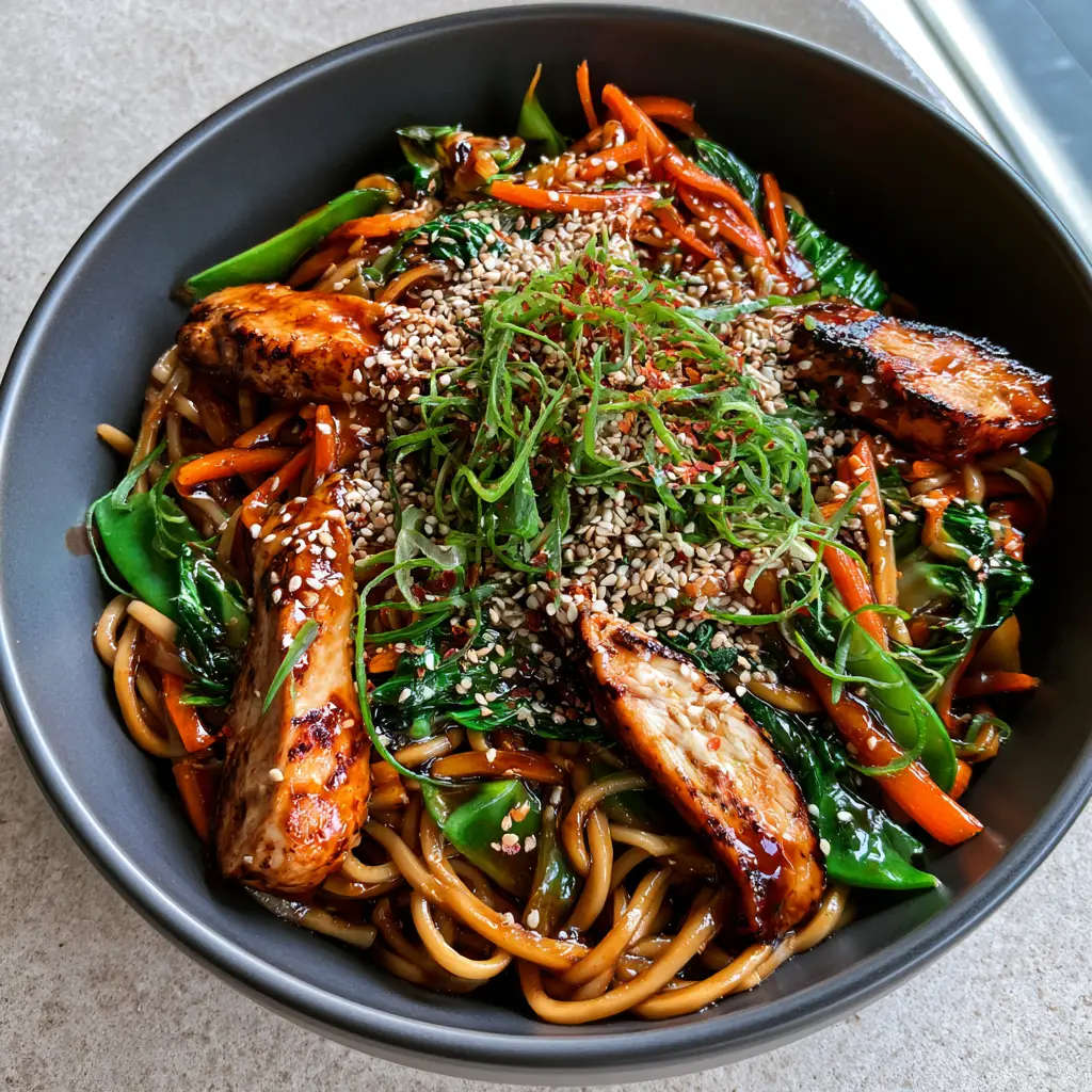 Chicken Lo Mein: The Ultimate Better-Than-Takeout Recipe with a High-Shine Glaze 2 Close-up of steaming Chicken Lo Mein with seared golden chicken slices, emerald bok choy, and toasted sesame seeds.