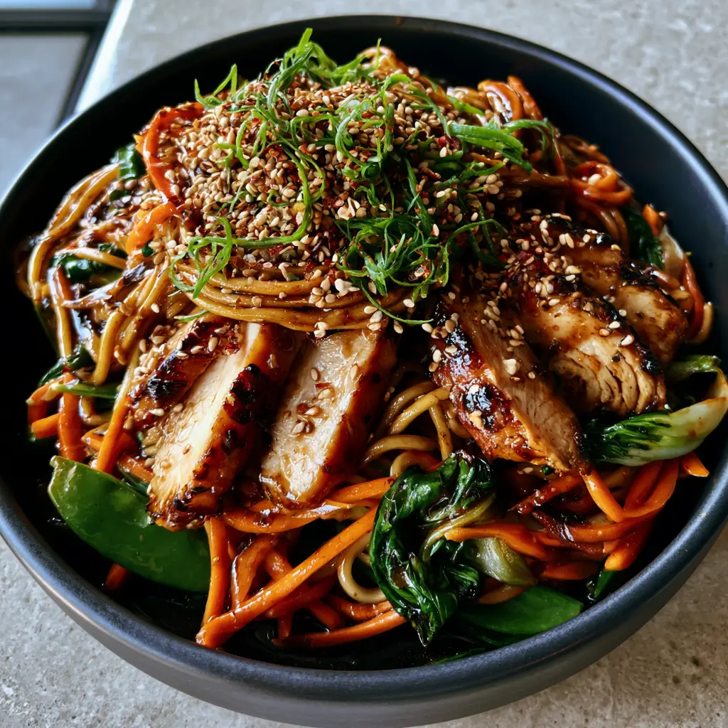Chicken Lo Mein: The Ultimate Better-Than-Takeout Recipe with a High-Shine Glaze 1 Stir-fried Chicken Lo Mein featuring crisp sugar snap peas, red pepper flakes, and fresh green onion curls in a matte black bowl.
