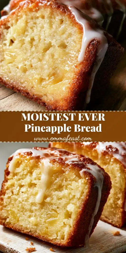 A close-up of a thick slice of Pineapple Bread with a thick white sugar glaze dripping down its golden-brown sides on a wooden board.