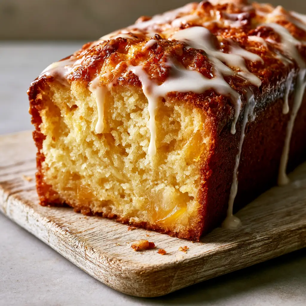 A full loaf of Pineapple Bread resting on a rustic wooden board with a thick white glaze glistening under natural sunlight.