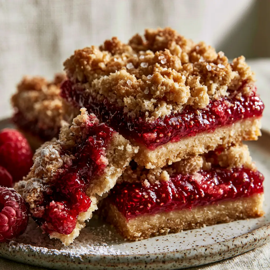 Top-down angled shot of thick raspberry bars with a golden-brown shortbread base and crimson jam. (raspberry bars)