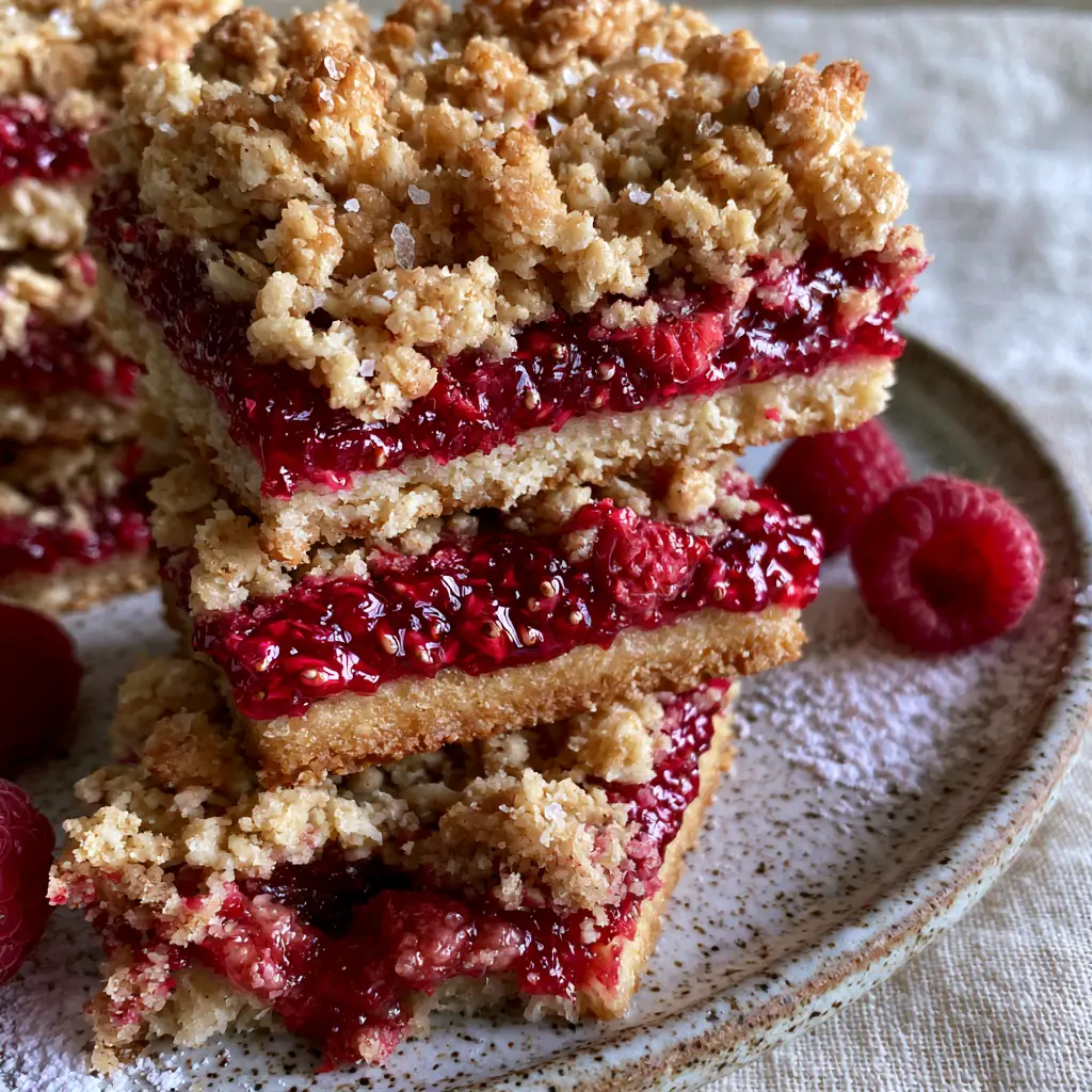 A stack of raspberry bars on a speckled ceramic plate with visible fruit chunks and small seeds. (raspberry bars)