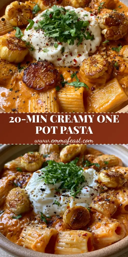 Creamy Tomato Garlic Pasta with Roasted Garlic and Burrata 4 A shallow rustic ceramic bowl filled with creamy tomato garlic pasta topped with whole roasted garlic and a melting burrata ball. (creamy tomato garlic pasta)