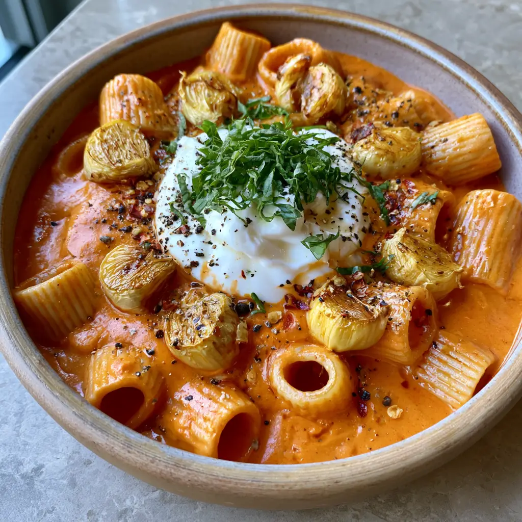 Close-up handheld photo of velvety orange sauce clinging to ridged rigatoni with basil chiffonade. (creamy tomato garlic pasta)