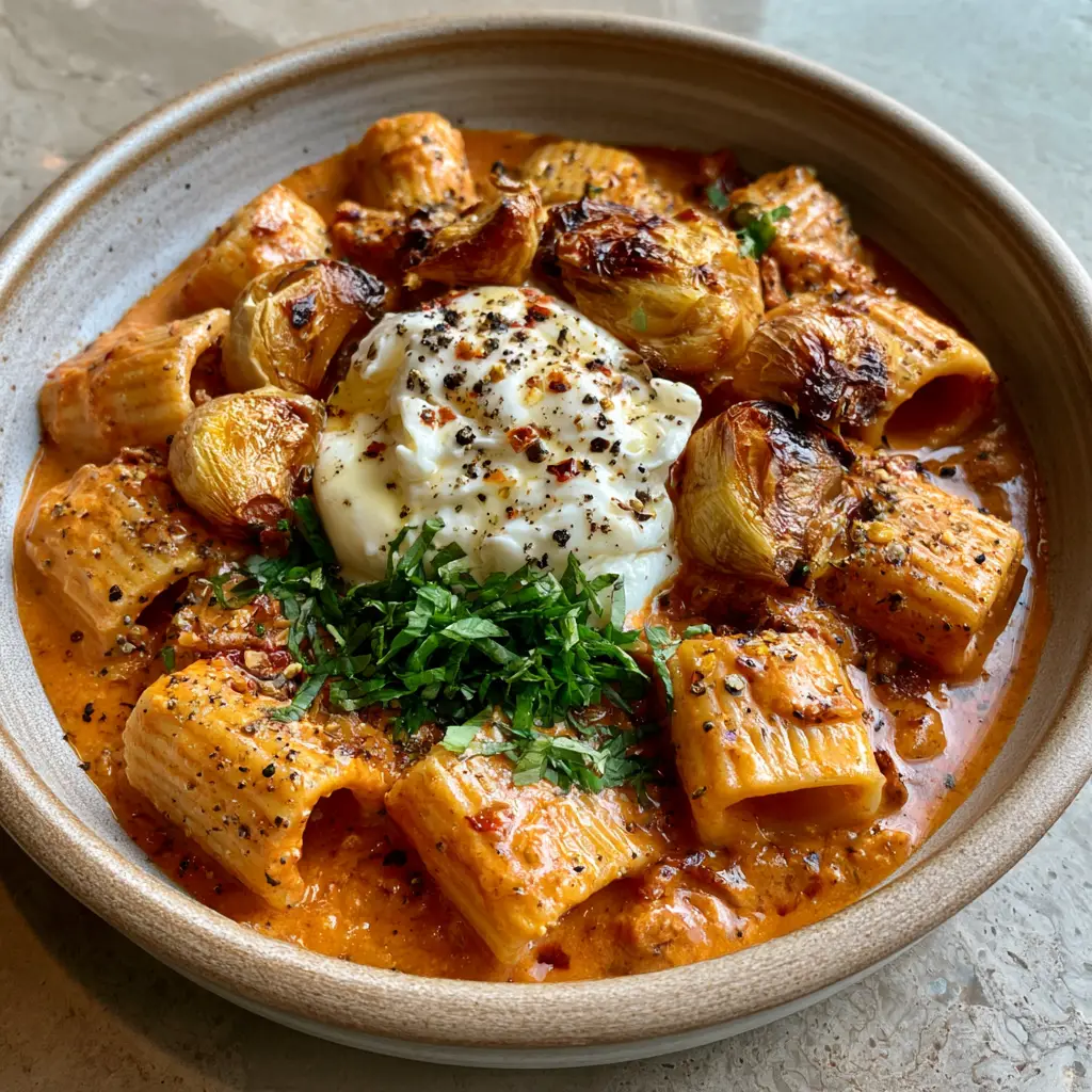 Creamy Tomato Garlic Pasta with Roasted Garlic and Burrata 1 Top-down view of roasted garlic cloves and fresh burrata melting into a bowl of creamy tomato pasta.