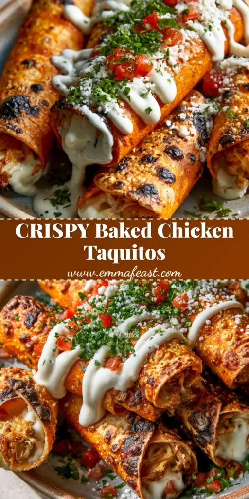 Baked Cream Cheese Chicken Taquitos: The Ultimate Crispy & Creamy Recipe 4 A close-up of five Baked Cream Cheese Chicken Taquitos topped with lime crema, cilantro, and tomatoes on a rustic plate.