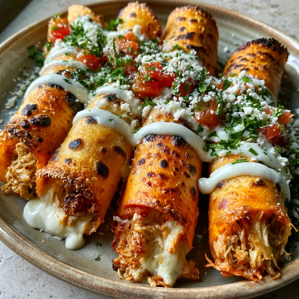 Top-down shot of Baked Cream Cheese Chicken Taquitos with charred air bubbles and melted cheese oozing out.
