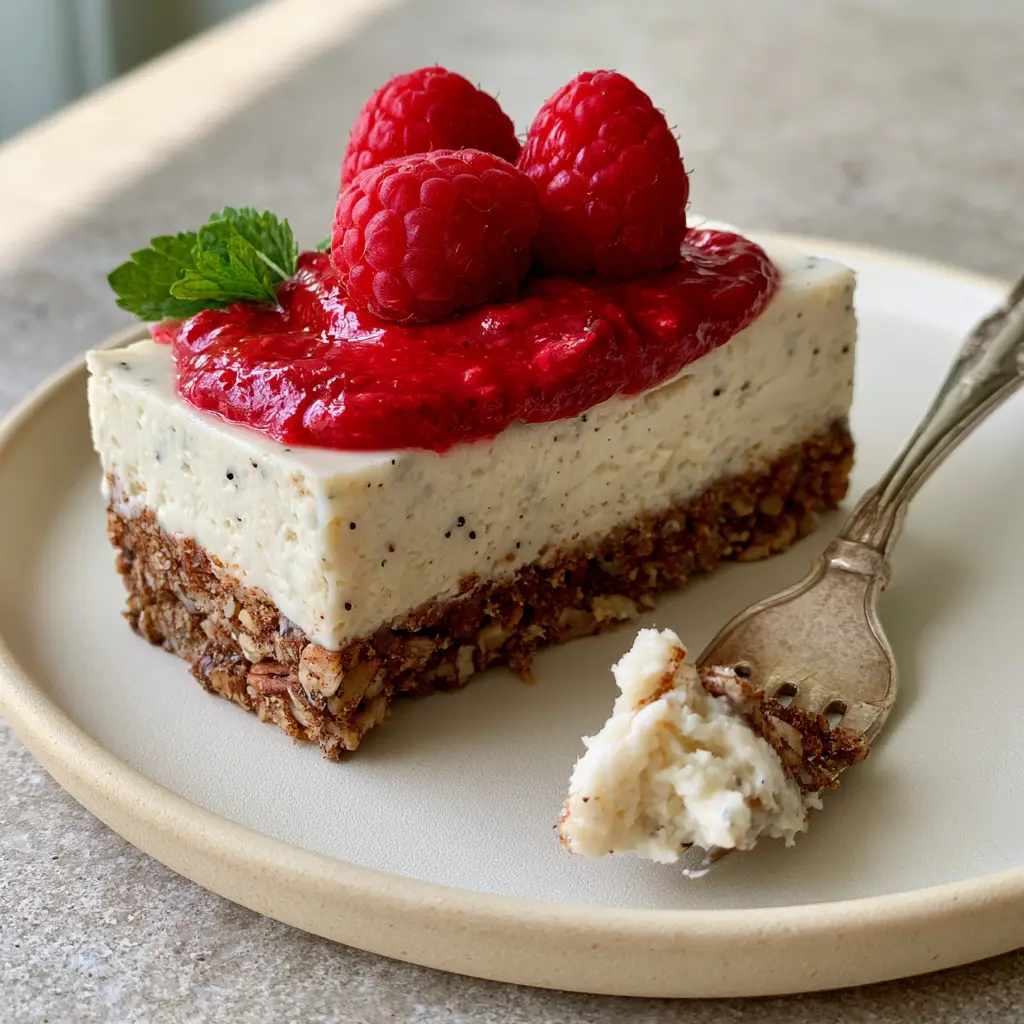 Overhead shot of a no-bake cheesecake bar with vanilla bean specks and raspberry coulis on a cream plate. (diabetic desserts)