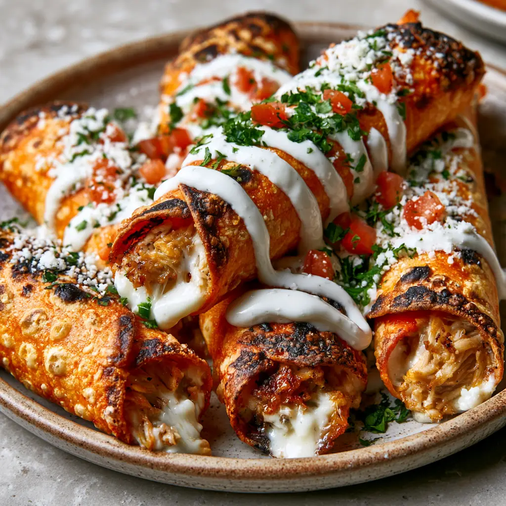 Baked Cream Cheese Chicken Taquitos: The Ultimate Crispy & Creamy Recipe 1 Close-up of flaky, blistered edges on Baked Cream Cheese Chicken Taquitos with a zigzag of Mexican crema.
