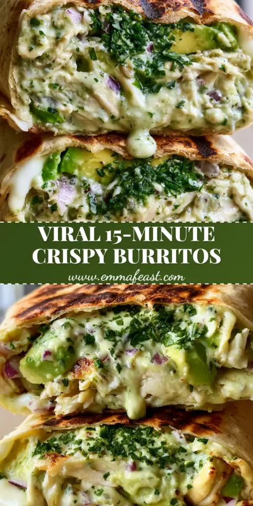 Two stacked, cross-sectioned chicken avocado ranch burritos showing juicy shredded chicken, thick pale-green sauce, and melted Monterey Jack cheese with dark grill marks on the tortilla.