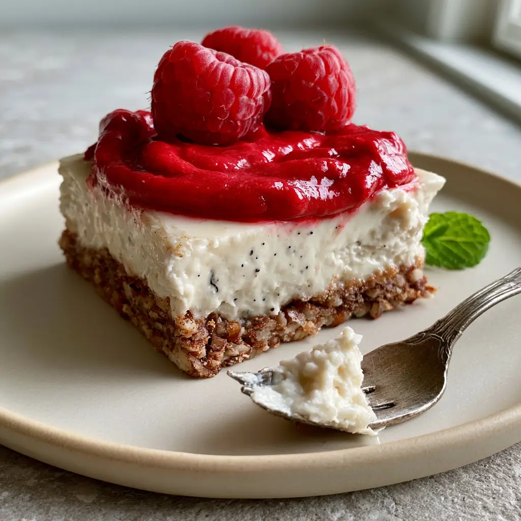 Diabetic Desserts: No-Bake Raspberry Vanilla Bean Cheesecake Bars 1 Close-up of a silver fork taking a bite of a sugar-free raspberry cheesecake bar.